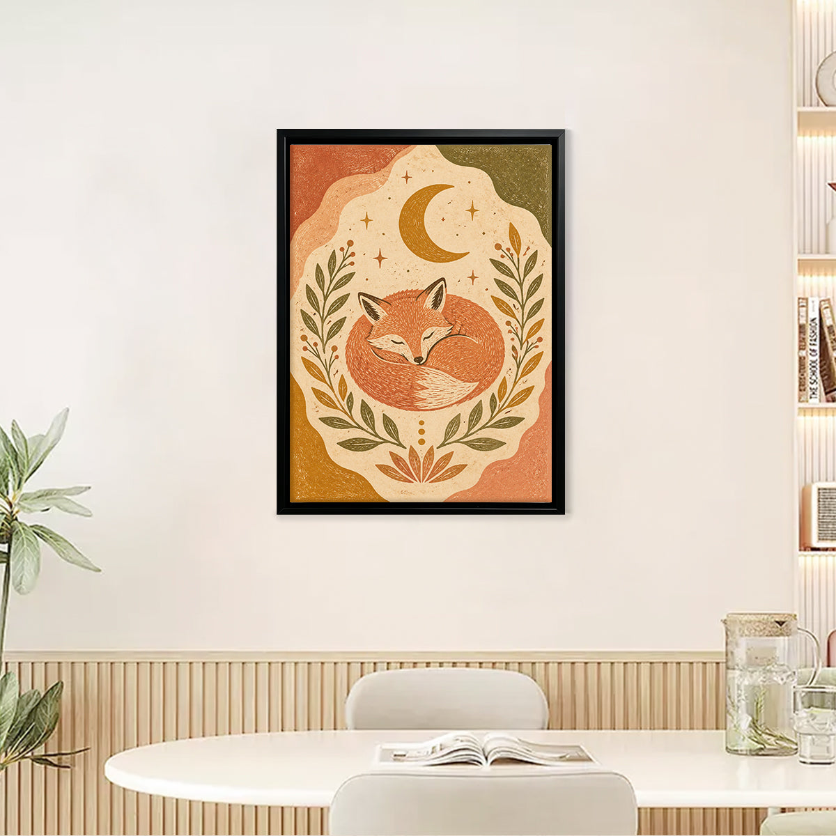 Framed Fox Art Print with Crescent Moon and Floral Design, Warm Autumn Colors, Perfect Home Decor for Any Room