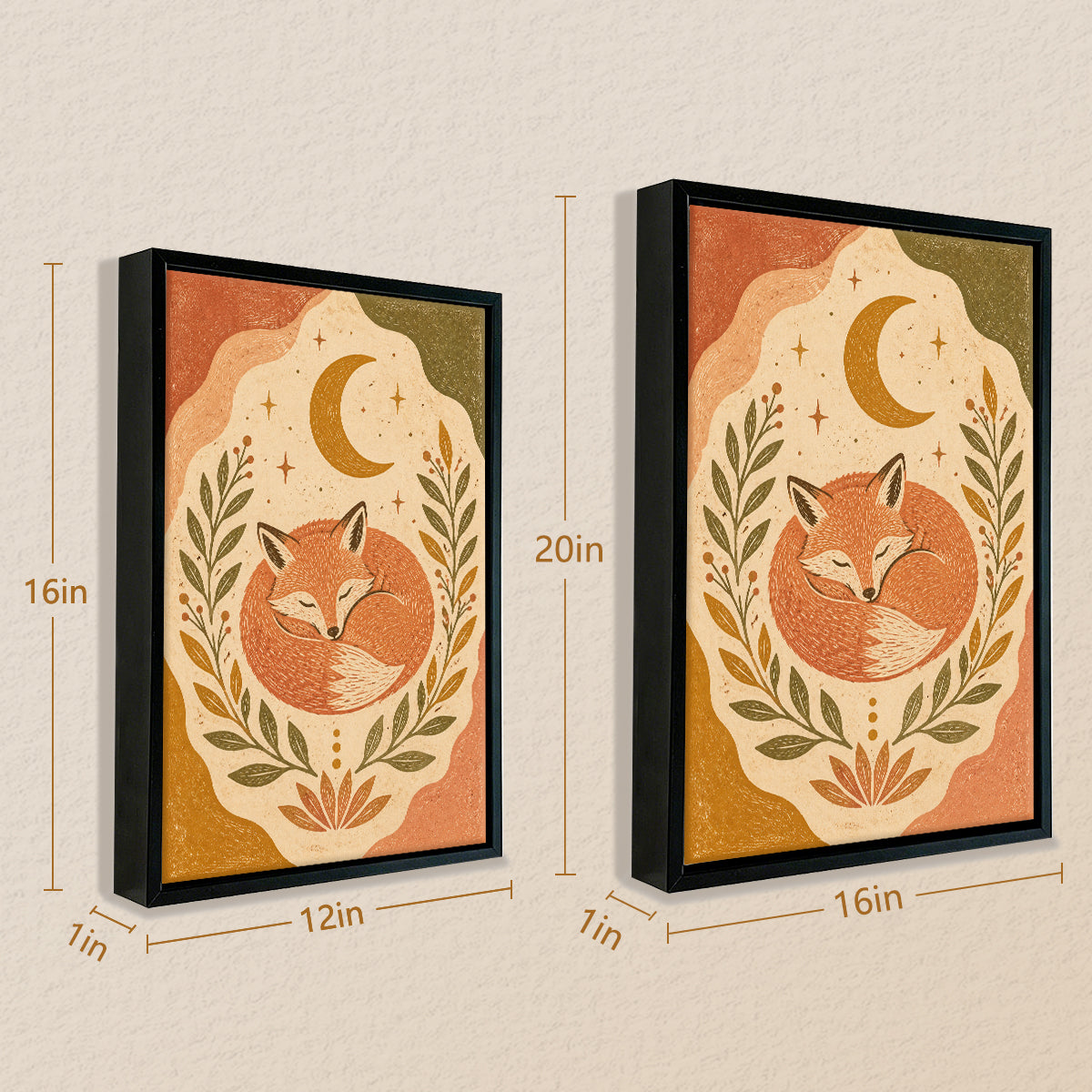 Framed Fox Art Print with Crescent Moon and Floral Design, Warm Autumn Colors, Perfect Home Decor for Any Room