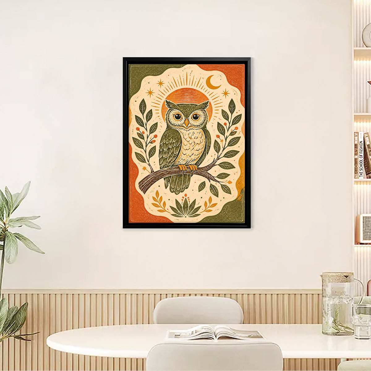 Framed Owl Art Print with Moon & Stars Design, Vintage Style, High-Quality Matte Finish, Perfect for Home Decor in Any Room