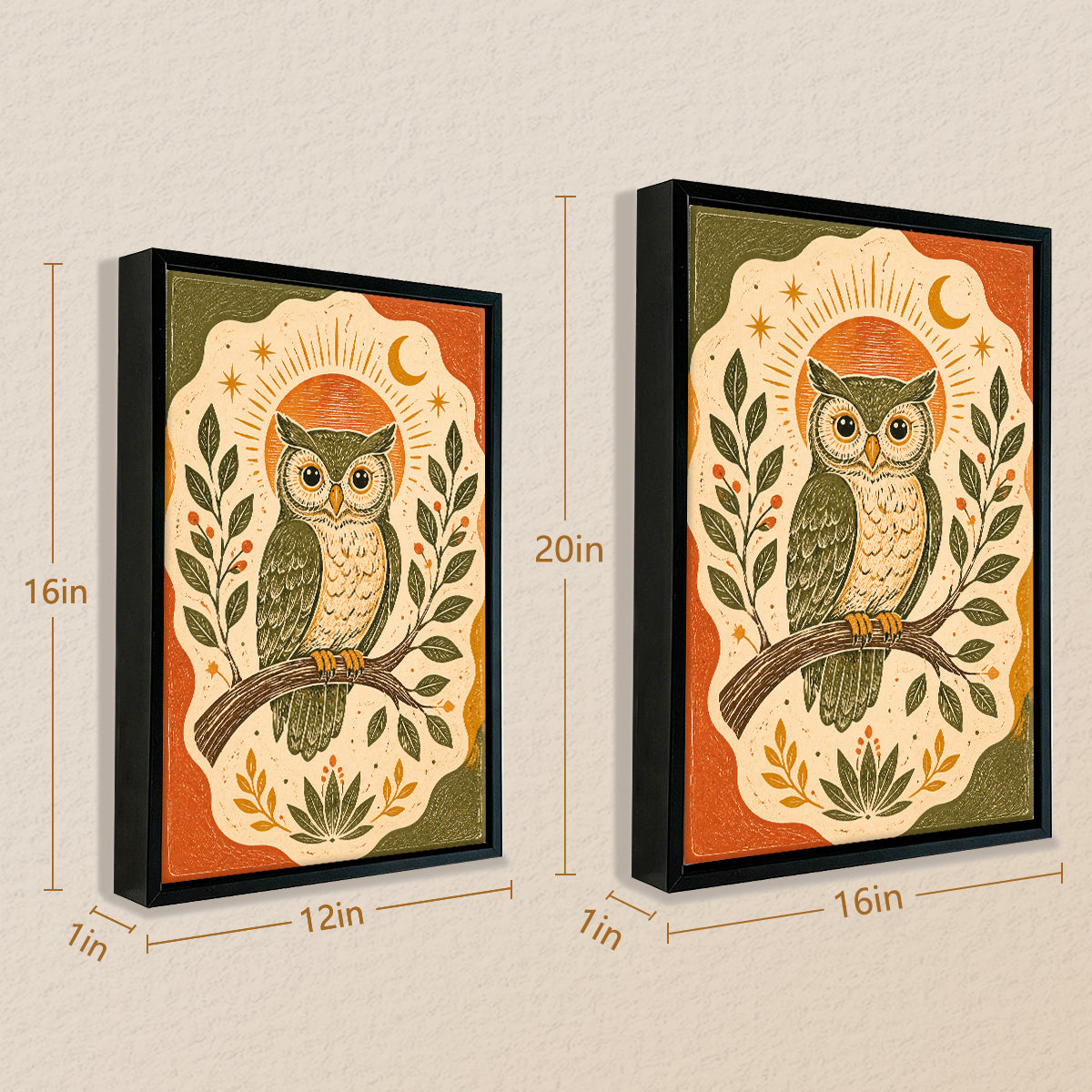Framed Owl Art Print with Moon & Stars Design, Vintage Style, High-Quality Matte Finish, Perfect for Home Decor in Any Room
