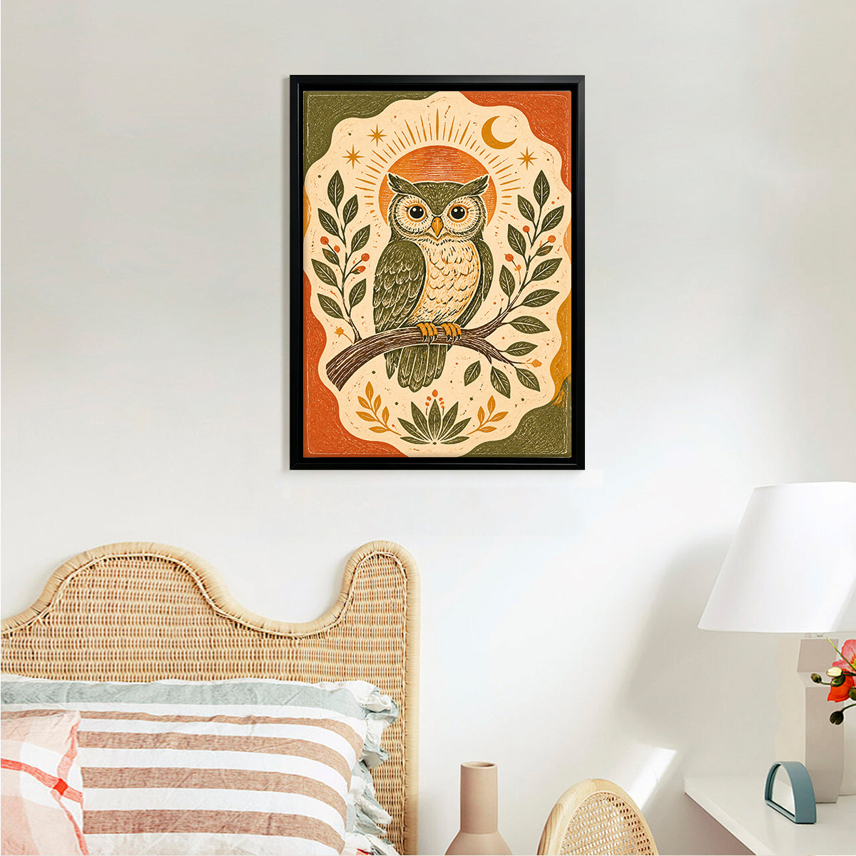 Framed Owl Art Print with Moon & Stars Design, Vintage Style, High-Quality Matte Finish, Perfect for Home Decor in Any Room