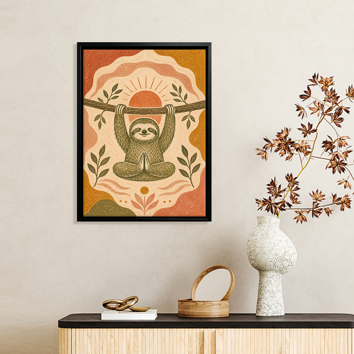 Framed Sloth Yoga Art Print, Boho Style, High-Quality Giclee, Perfect for Home Decor in Any Room