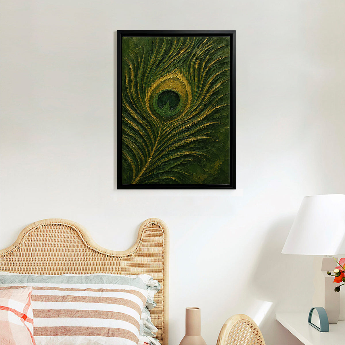 Framed Peacock Feather Art Print, Vibrant Green & Gold Design, Perfect Home Decor for Living Room or Hallway