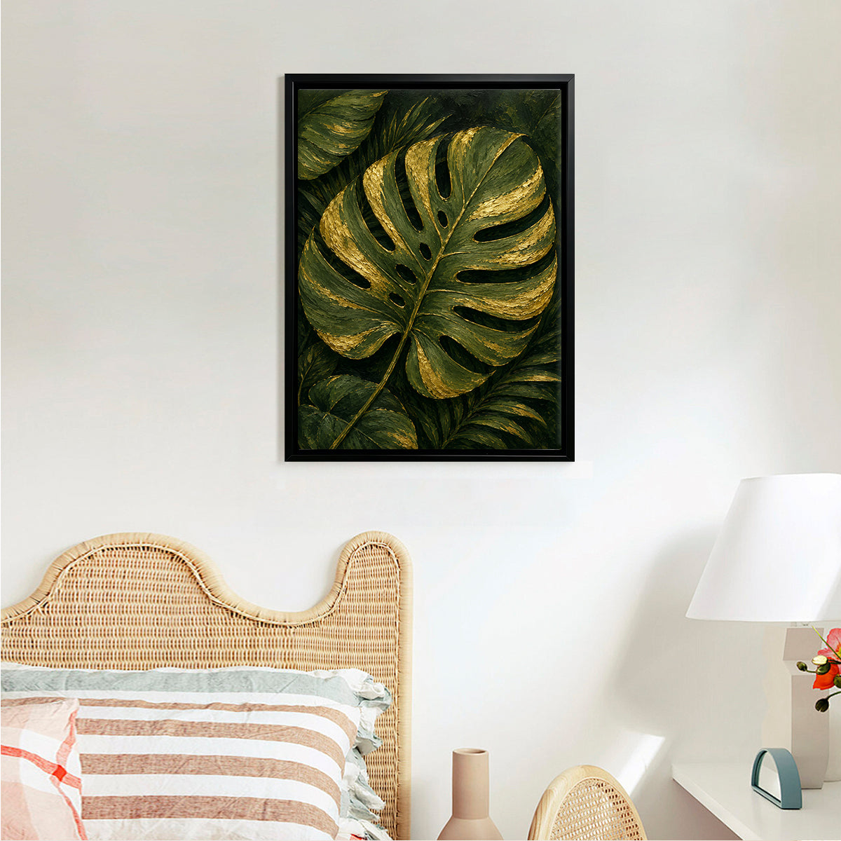 Framed Monstera Leaf Art Print, Tropical Green and Gold Design, Perfect Home Decor for Living Room or Staircase
