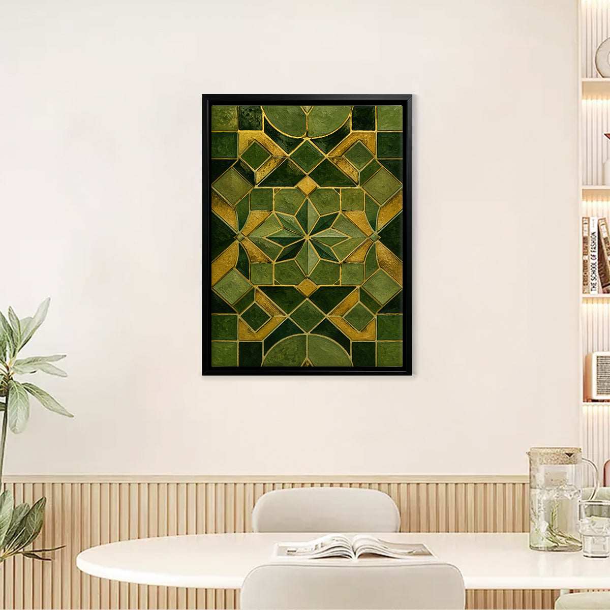 Abstract Green & Gold Geometric Pattern Framed Art Print, Modern Home Decor, High-Quality Matte Finish, Perfect for Living Room or Office