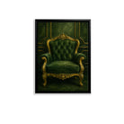 Framed Art Print of an Elegant Green Velvet Armchair with Gold Accents, Classic Style for Home Decor