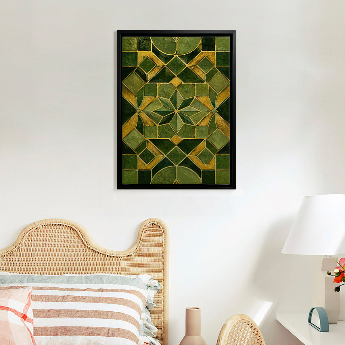 Abstract Green & Gold Geometric Pattern Framed Art Print, Modern Home Decor, High-Quality Matte Finish, Perfect for Living Room or Office