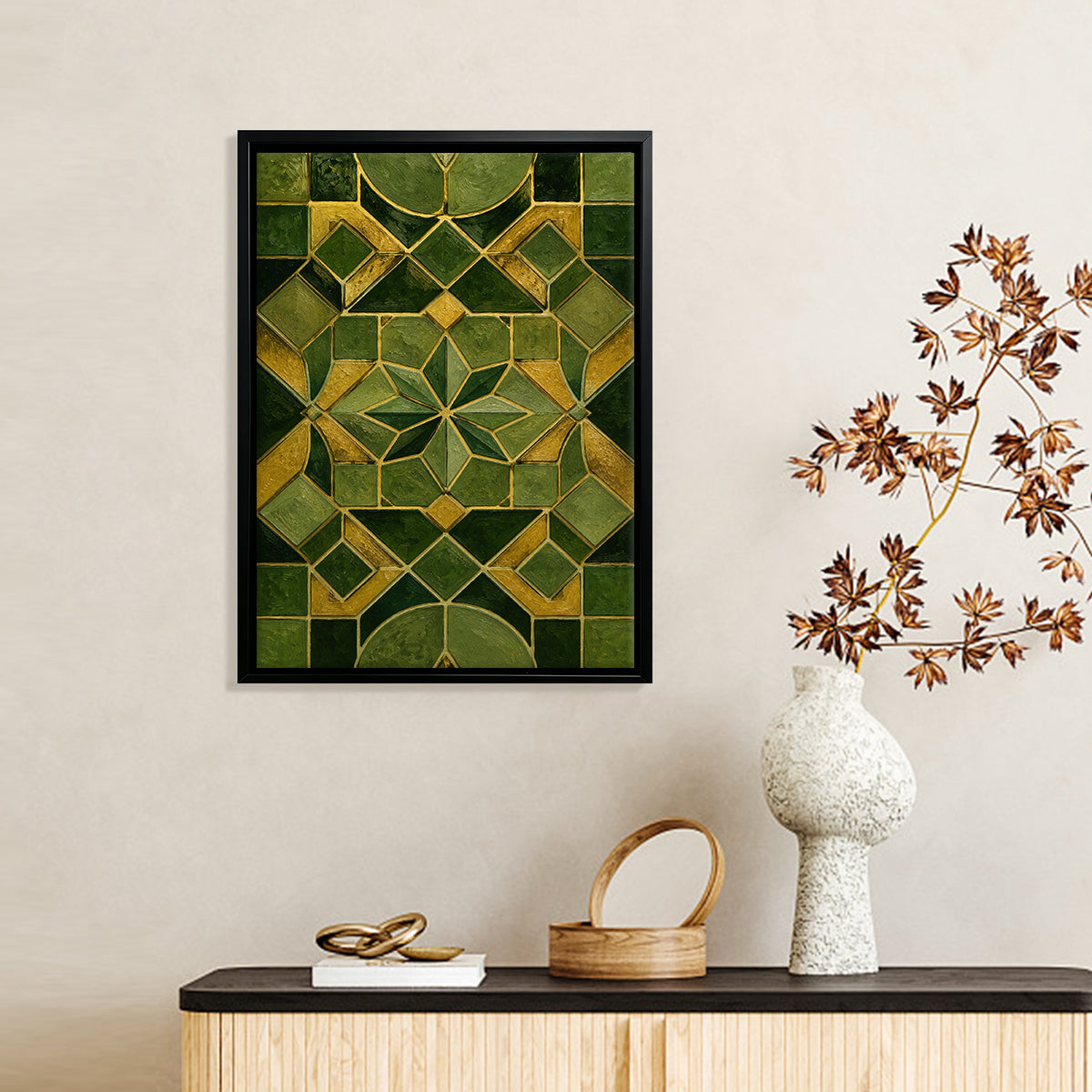 Abstract Green & Gold Geometric Pattern Framed Art Print, Modern Home Decor, High-Quality Matte Finish, Perfect for Living Room or Office