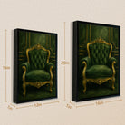 Framed Art Print of an Elegant Green Velvet Armchair with Gold Accents, Classic Style for Home Decor