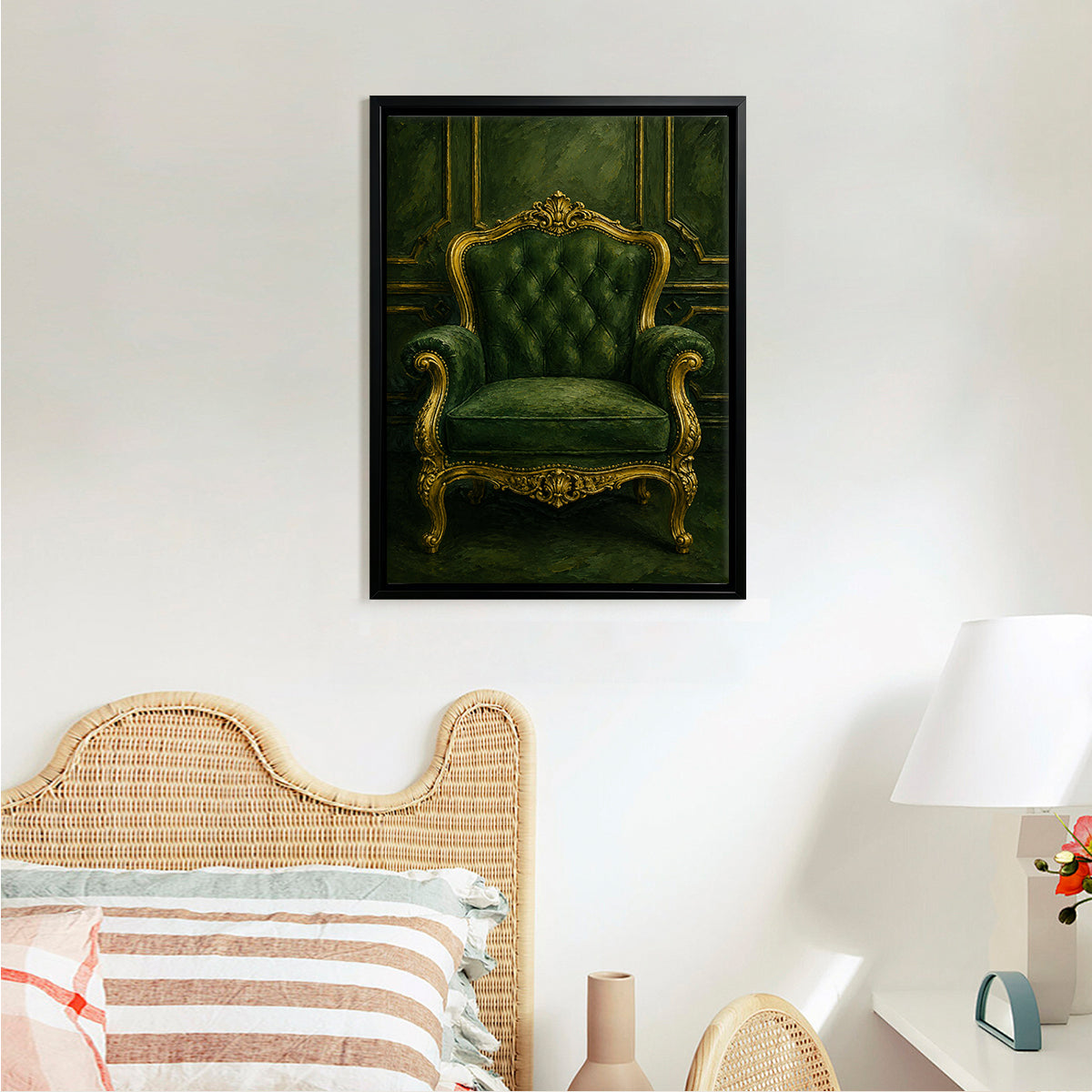 Framed Art Print of an Elegant Green Velvet Armchair with Gold Accents, Classic Style for Home Decor