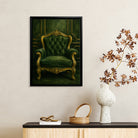 Framed Art Print of an Elegant Green Velvet Armchair with Gold Accents, Classic Style for Home Decor