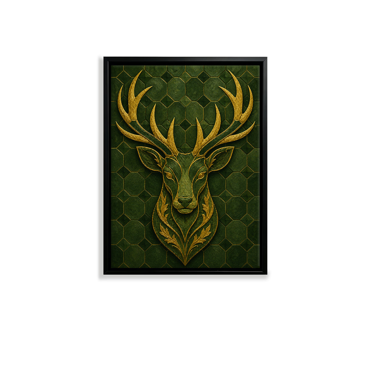 Framed Deer Head Wall Art with Hexagonal Green Background, Gold Accents, Modern Home Decor