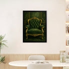 Framed Art Print of an Elegant Green Velvet Armchair with Gold Accents, Classic Style for Home Decor