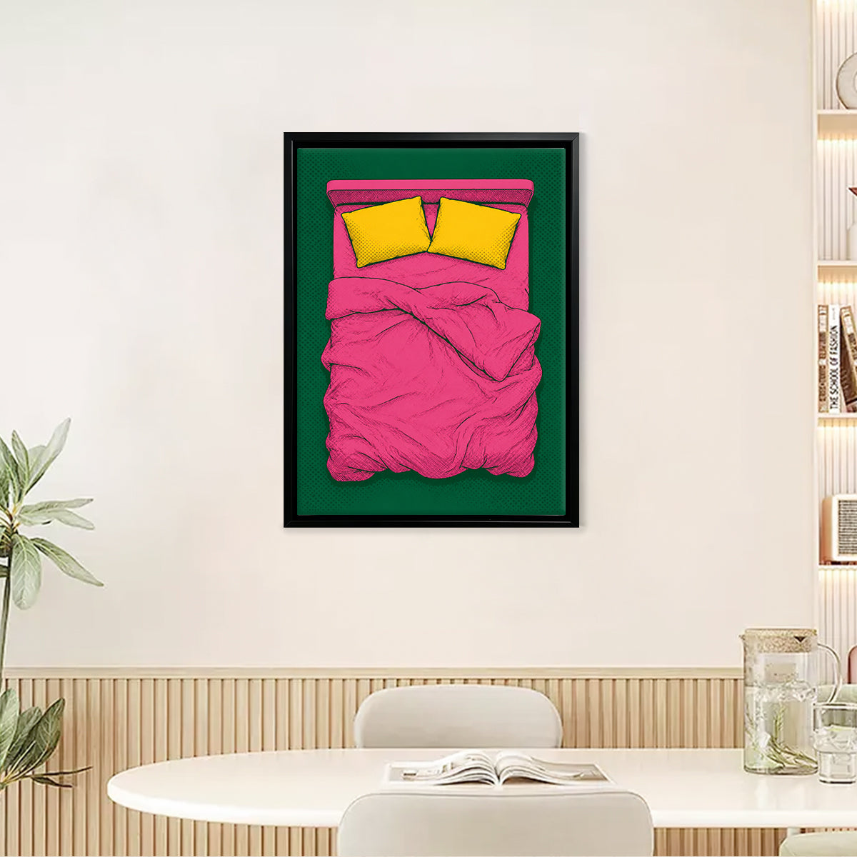Framed Pop Art Bed Illustration Print, Vibrant Pink and Green Design, Perfect Home Decor for Any Room