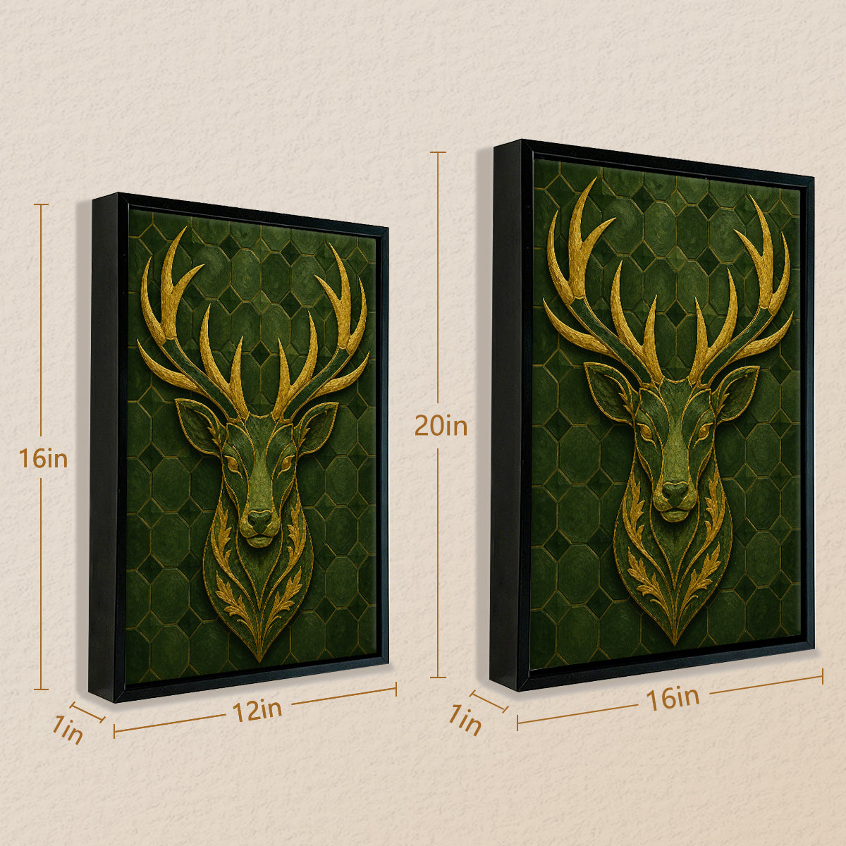 Framed Deer Head Wall Art with Hexagonal Green Background, Gold Accents, Modern Home Decor