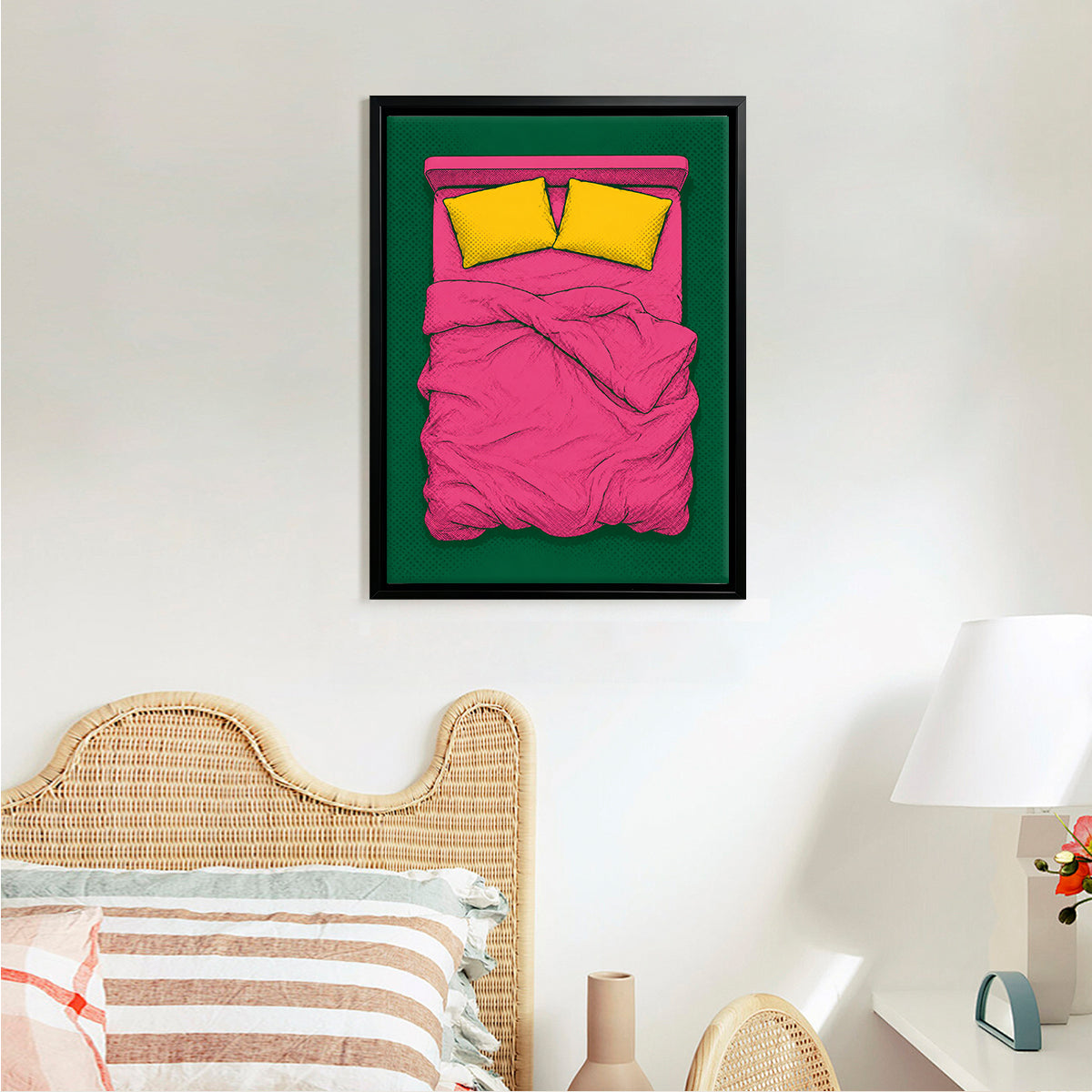 Framed Pop Art Bed Illustration Print, Vibrant Pink and Green Design, Perfect Home Decor for Any Room
