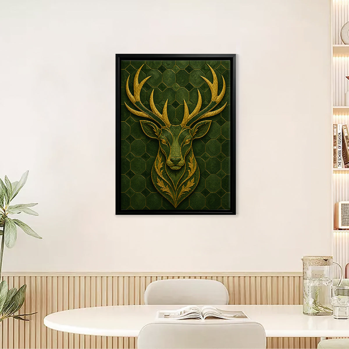 Framed Deer Head Wall Art with Hexagonal Green Background, Gold Accents, Modern Home Decor