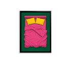 Framed Pop Art Bed Illustration Print, Vibrant Pink and Green Design, Perfect Home Decor for Any Room