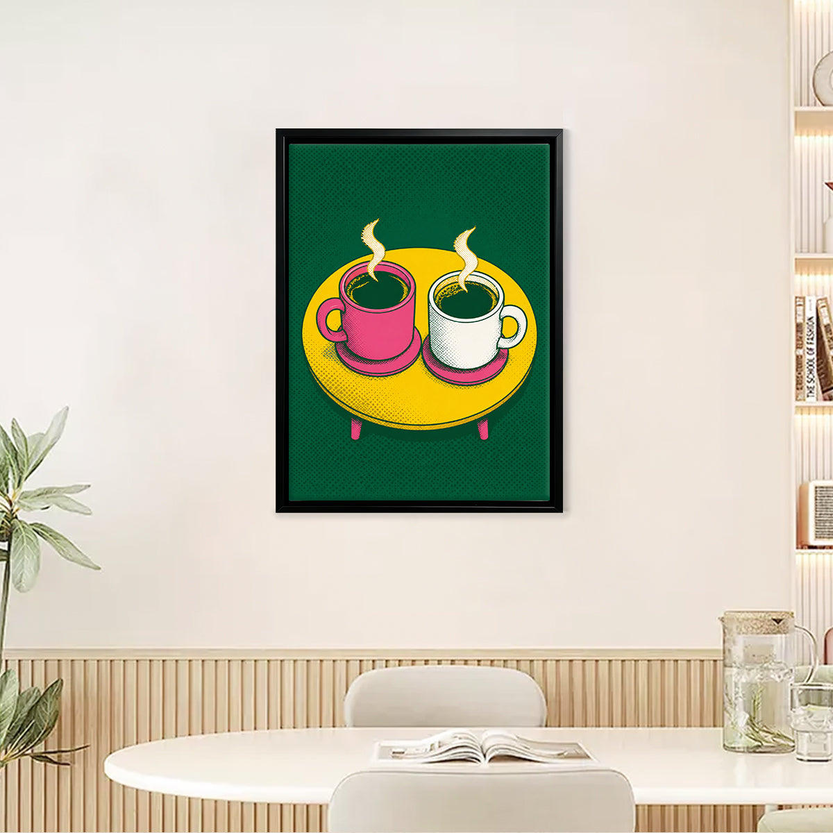 Framed Coffee Cups Art Print, Pop Art Style, Vibrant Green and Yellow, Perfect for Kitchen or Living Room Décor