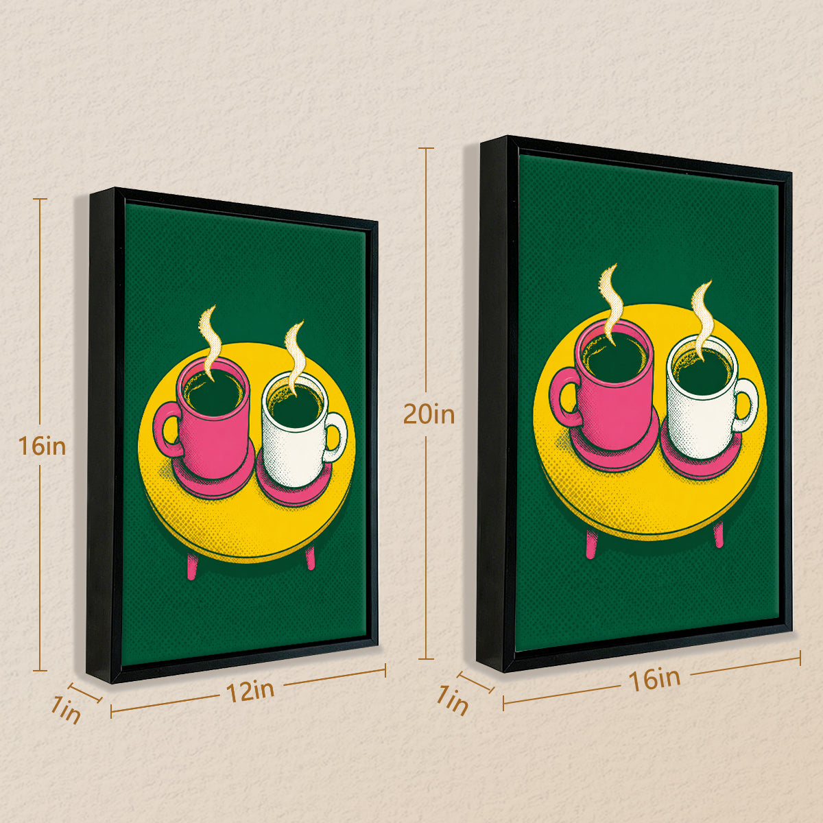 Framed Coffee Cups Art Print, Pop Art Style, Vibrant Green and Yellow, Perfect for Kitchen or Living Room Décor