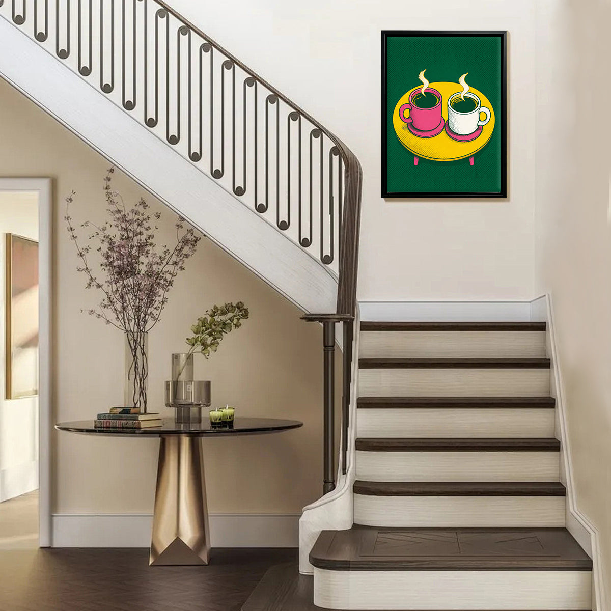 Framed Coffee Cups Art Print, Pop Art Style, Vibrant Green and Yellow, Perfect for Kitchen or Living Room Décor