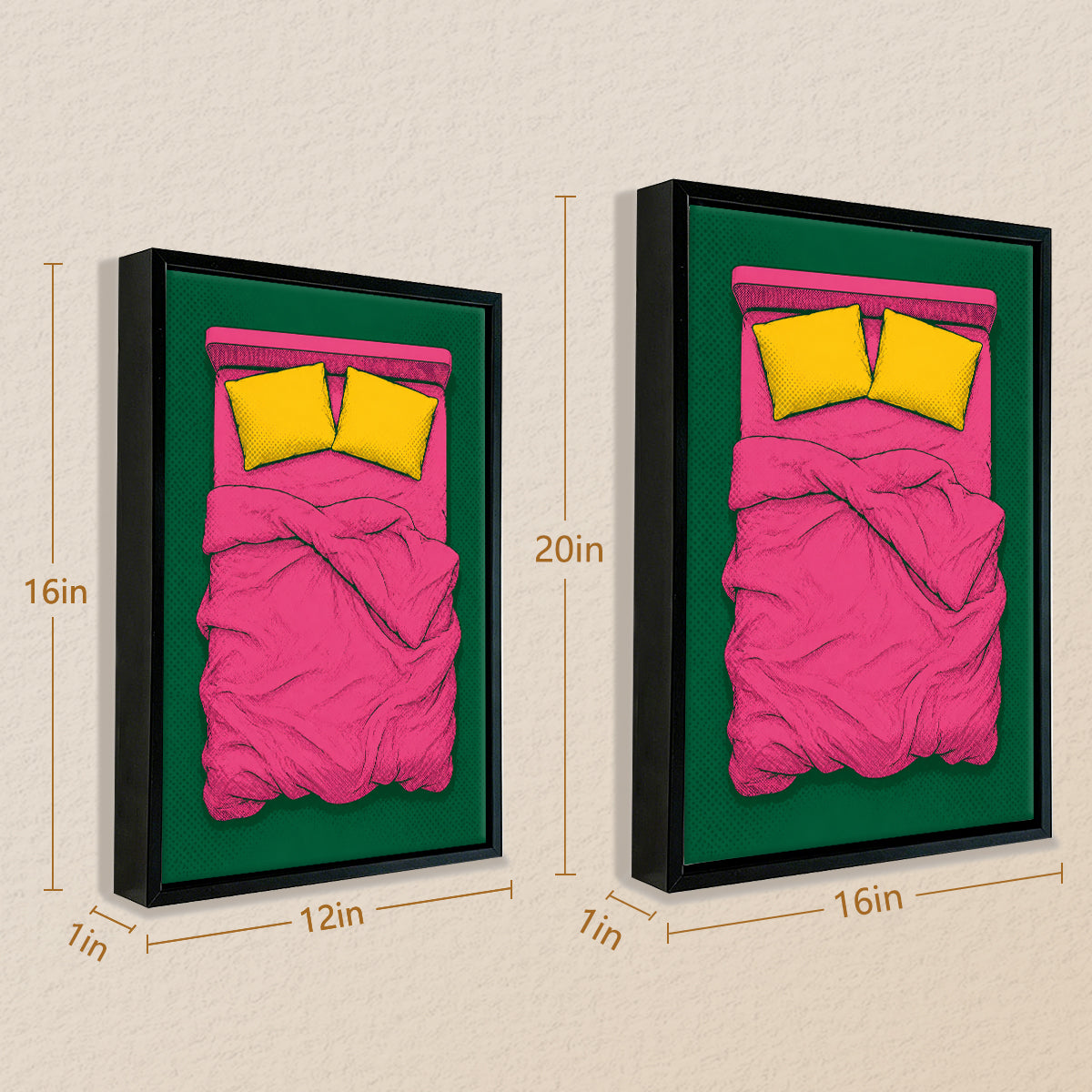 Framed Pop Art Bed Illustration Print, Vibrant Pink and Green Design, Perfect Home Decor for Any Room