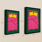 Framed Pop Art Bed Illustration Print, Vibrant Pink and Green Design, Perfect Home Decor for Any Room