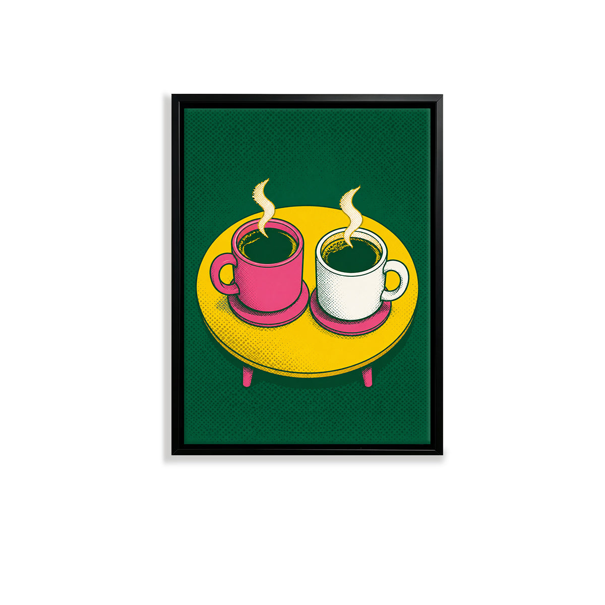 Framed Coffee Cups Art Print, Pop Art Style, Vibrant Green and Yellow, Perfect for Kitchen or Living Room Décor