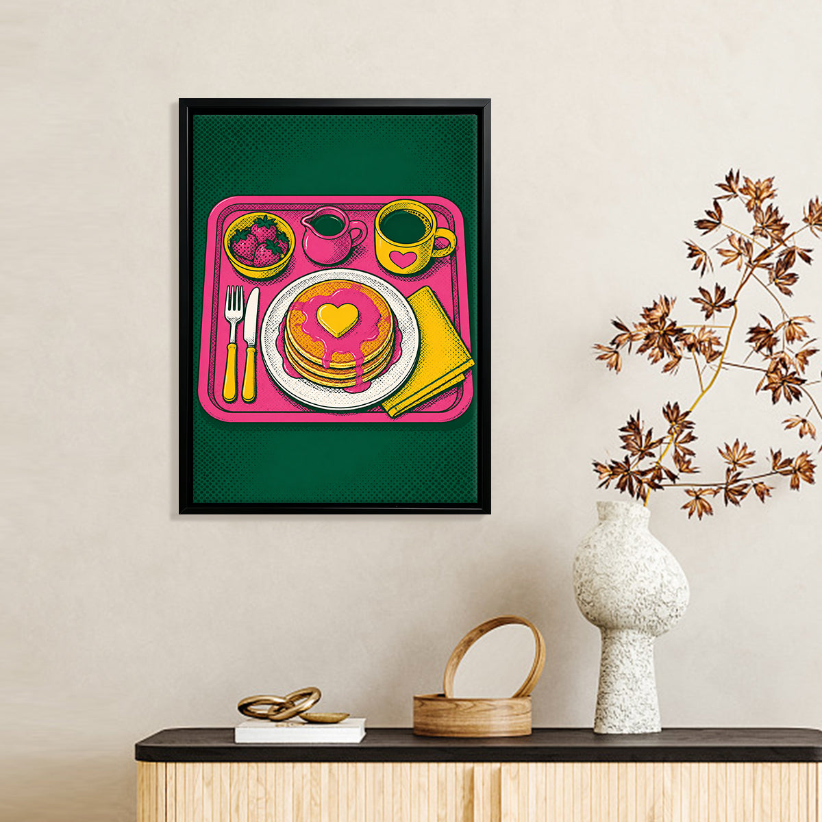 Framed Pop Art Breakfast Tray Canvas Print, Vibrant Colors, High-Quality Artwork, Perfect for Home Decor