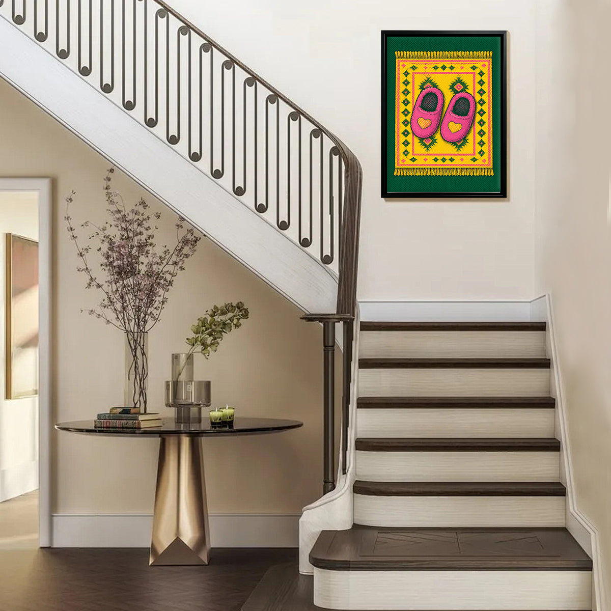 Framed Art Print of Pink Heart-Embellished Slippers on a Vibrant Rug, Bohemian Style, Perfect for Home Decor or Gift