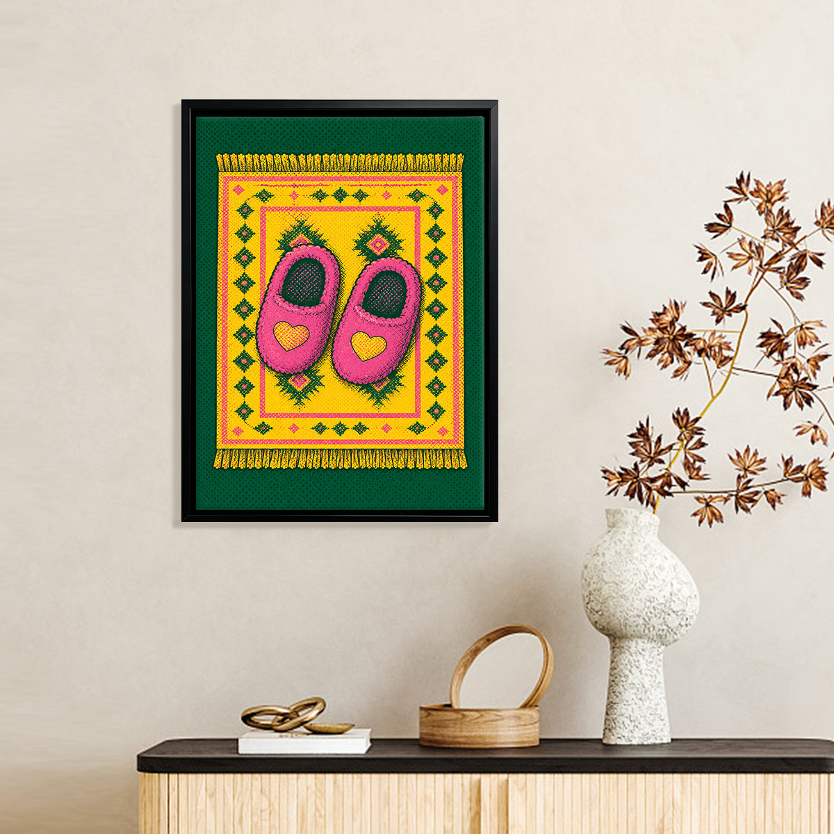 Framed Art Print of Pink Heart-Embellished Slippers on a Vibrant Rug, Bohemian Style, Perfect for Home Decor or Gift