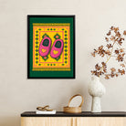 Framed Art Print of Pink Heart-Embellished Slippers on a Vibrant Rug, Bohemian Style, Perfect for Home Decor or Gift