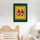 Framed Art Print of Pink Heart-Embellished Slippers on a Vibrant Rug, Bohemian Style, Perfect for Home Decor or Gift