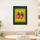 Framed Art Print of Pink Heart-Embellished Slippers on a Vibrant Rug, Bohemian Style, Perfect for Home Decor or Gift