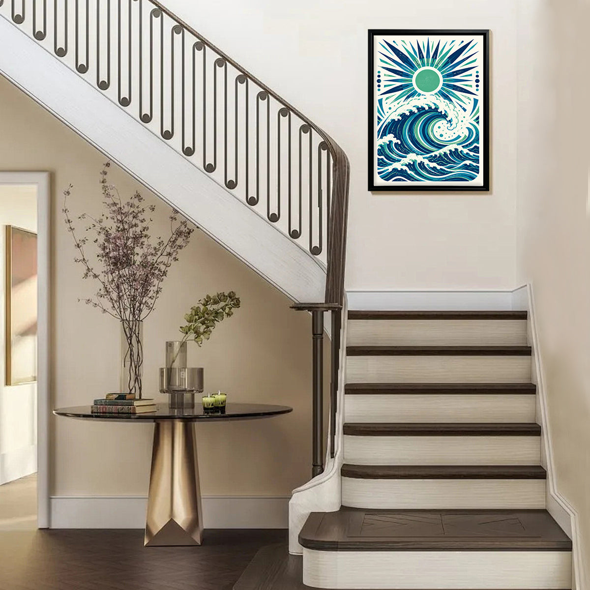 Framed Ocean Wave Art Print with Sunburst Design, Vintage Style, High-Quality Matte Finish, Perfect for Home Decor in Any Room