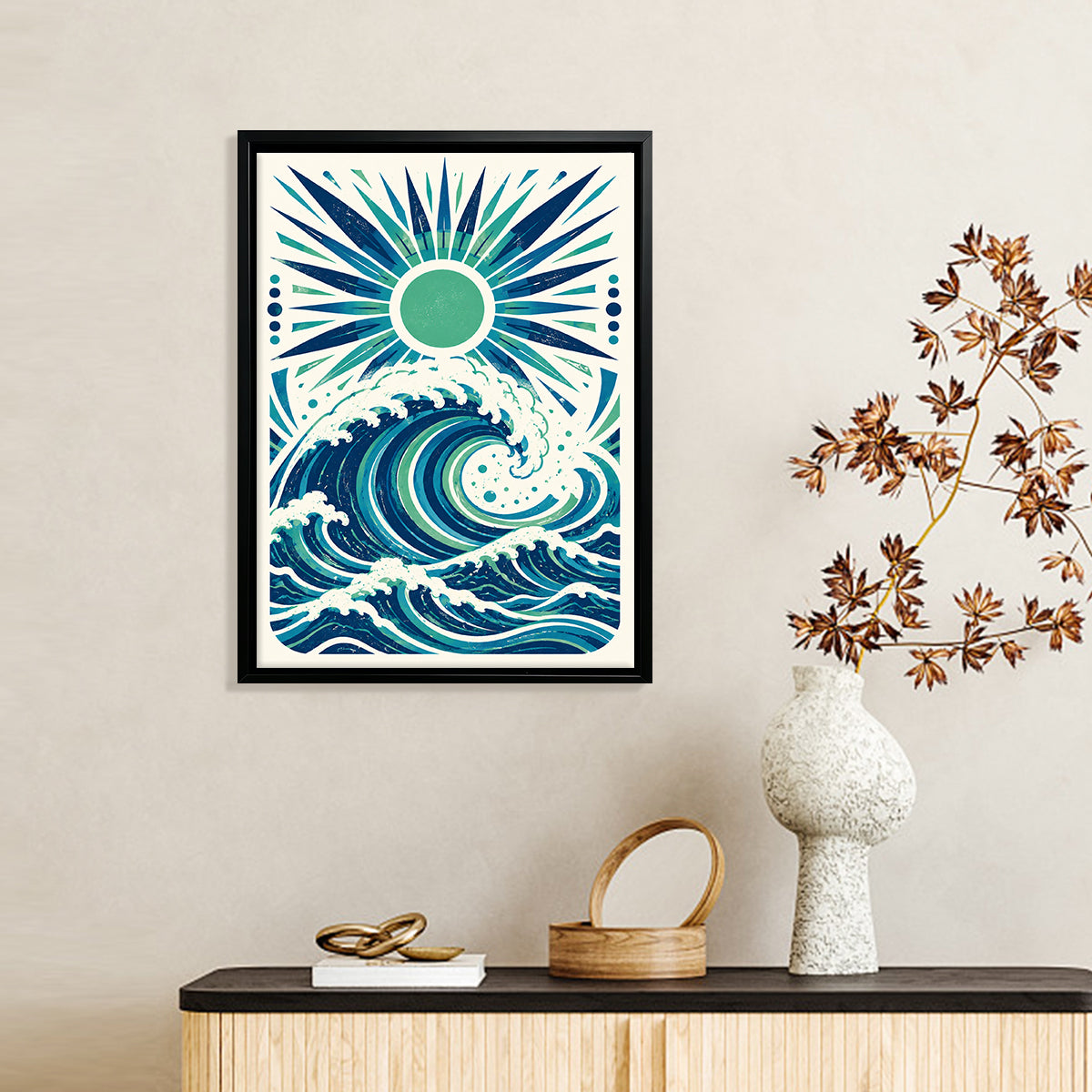 Framed Ocean Wave Art Print with Sunburst Design, Vintage Style, High-Quality Matte Finish, Perfect for Home Decor in Any Room