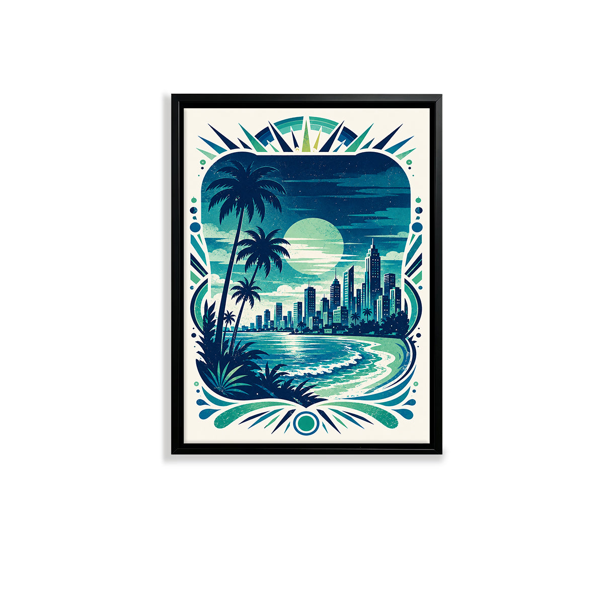 Framed Tropical Cityscape Art Print, Vintage Style, High-Quality Matte Finish, Perfect for Home Decor in California