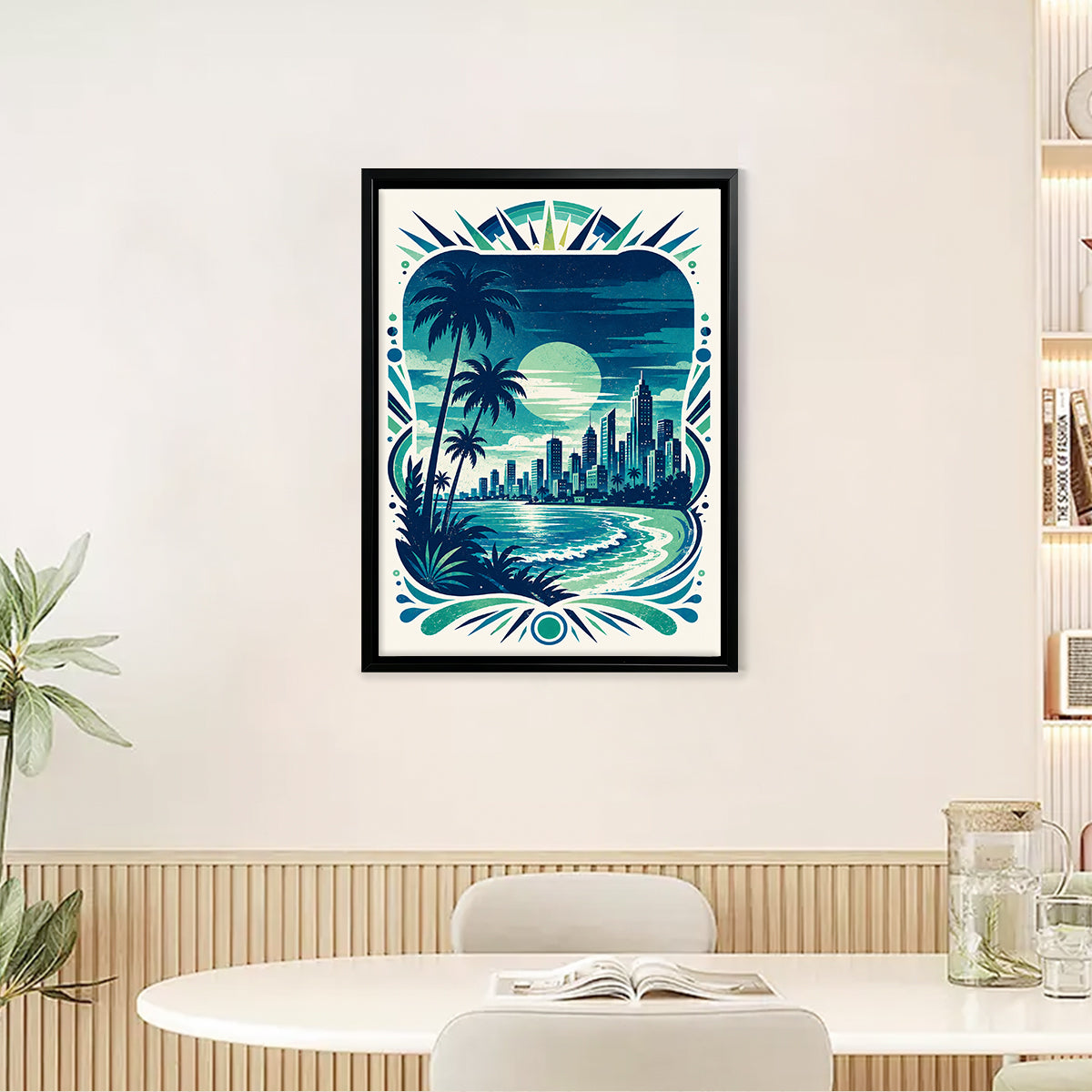 Framed Tropical Cityscape Art Print, Vintage Style, High-Quality Matte Finish, Perfect for Home Decor in California