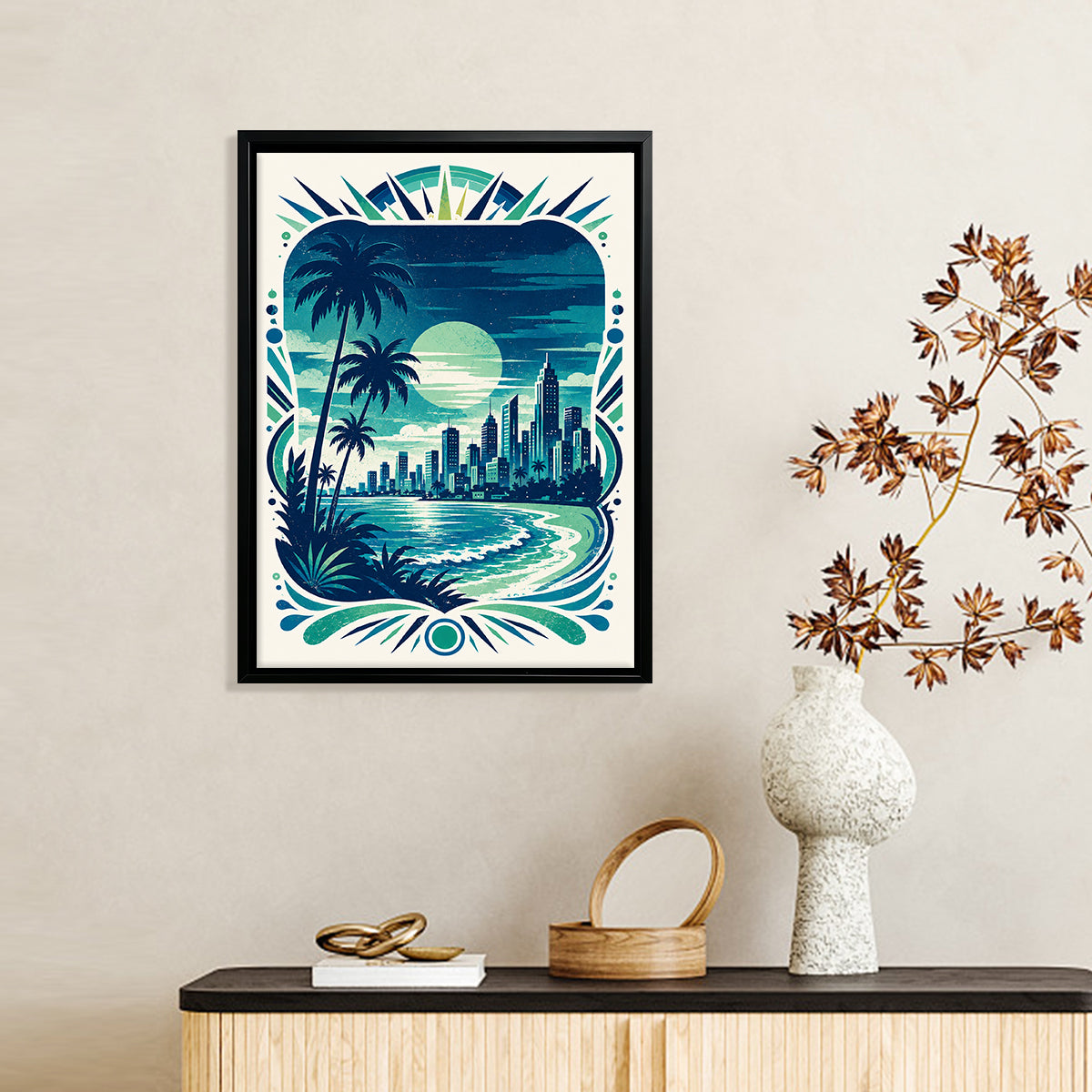 Framed Tropical Cityscape Art Print, Vintage Style, High-Quality Matte Finish, Perfect for Home Decor in California