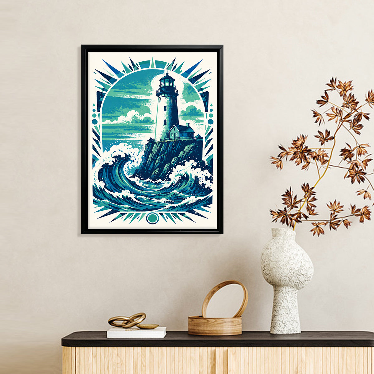 Framed Lighthouse Waves Art Print, Vintage Style, High-Quality Giclee on Canvas, Perfect for Home Decor in Coastal States like Maine