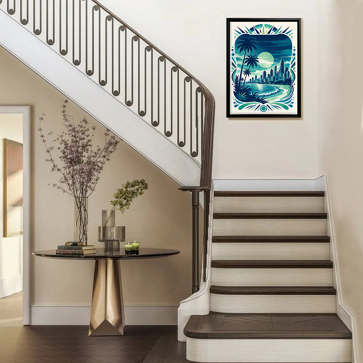 Framed Tropical Cityscape Art Print, Vintage Style, High-Quality Matte Finish, Perfect for Home Decor in California
