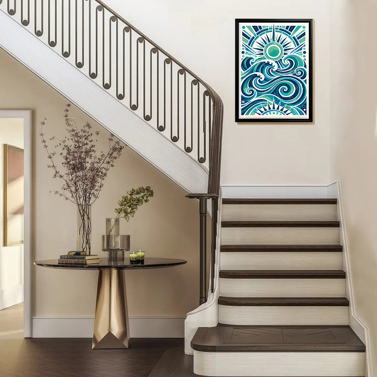 Framed Ocean Waves Art Print with Sunburst Design, Vibrant Blue Green Colors, Perfect for Home Decor in California