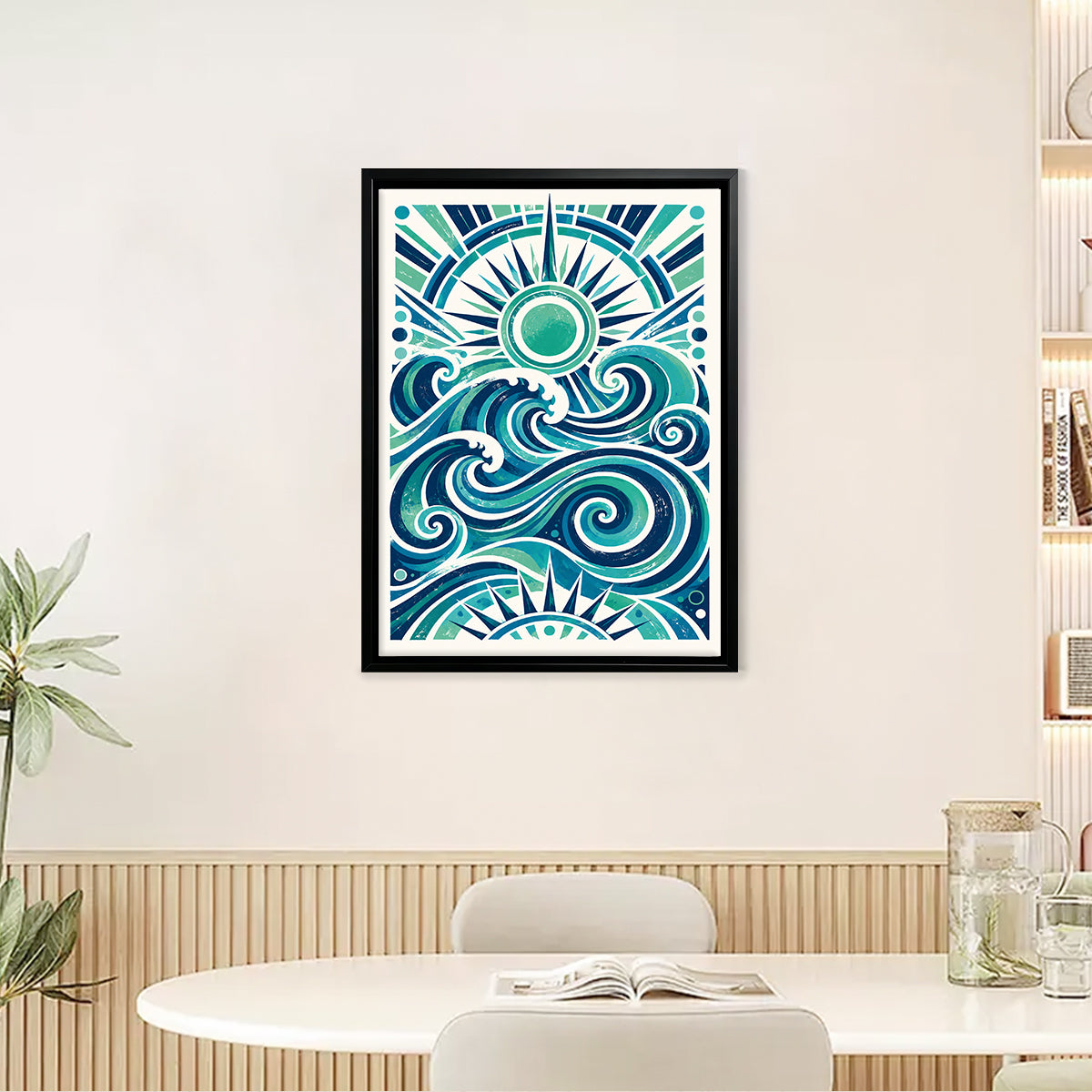 Framed Ocean Waves Art Print with Sunburst Design, Vibrant Blue Green Colors, Perfect for Home Decor in California