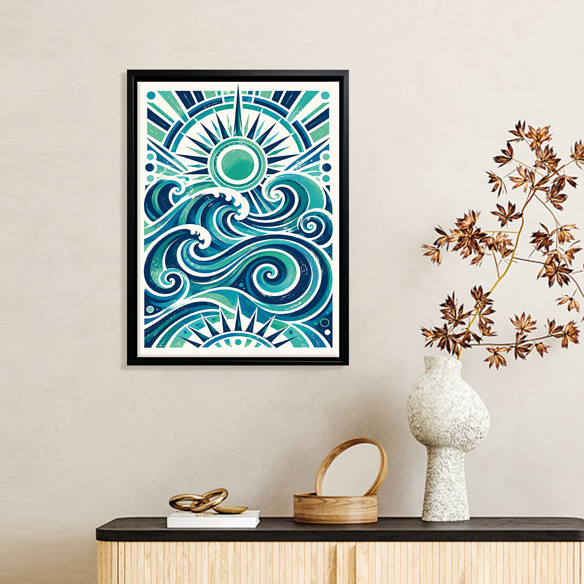 Framed Ocean Waves Art Print with Sunburst Design, Vibrant Blue Green Colors, Perfect for Home Decor in California