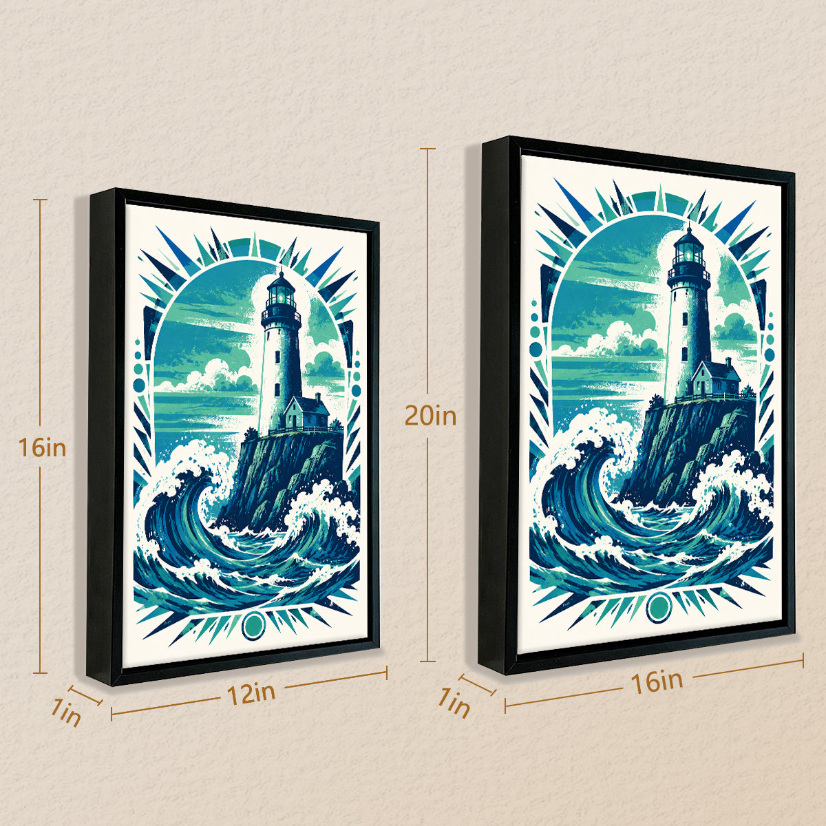 Framed Lighthouse Waves Art Print, Vintage Style, High-Quality Giclee on Canvas, Perfect for Home Decor in Coastal States like Maine