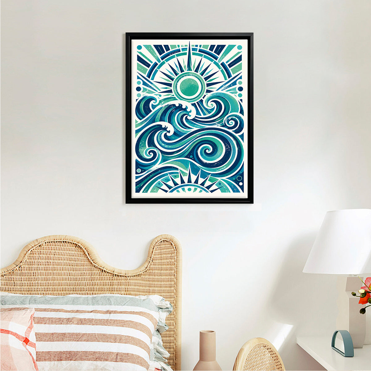 Framed Ocean Waves Art Print with Sunburst Design, Vibrant Blue Green Colors, Perfect for Home Decor in California