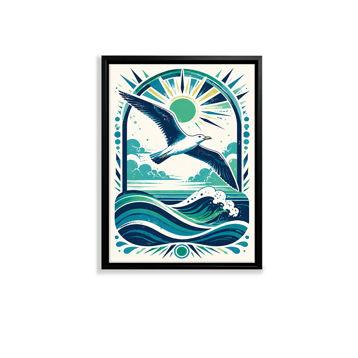 Framed Seagull Ocean Waves Art Print, Vintage Style, High-Quality Giclee, Perfect for Home Decor in California