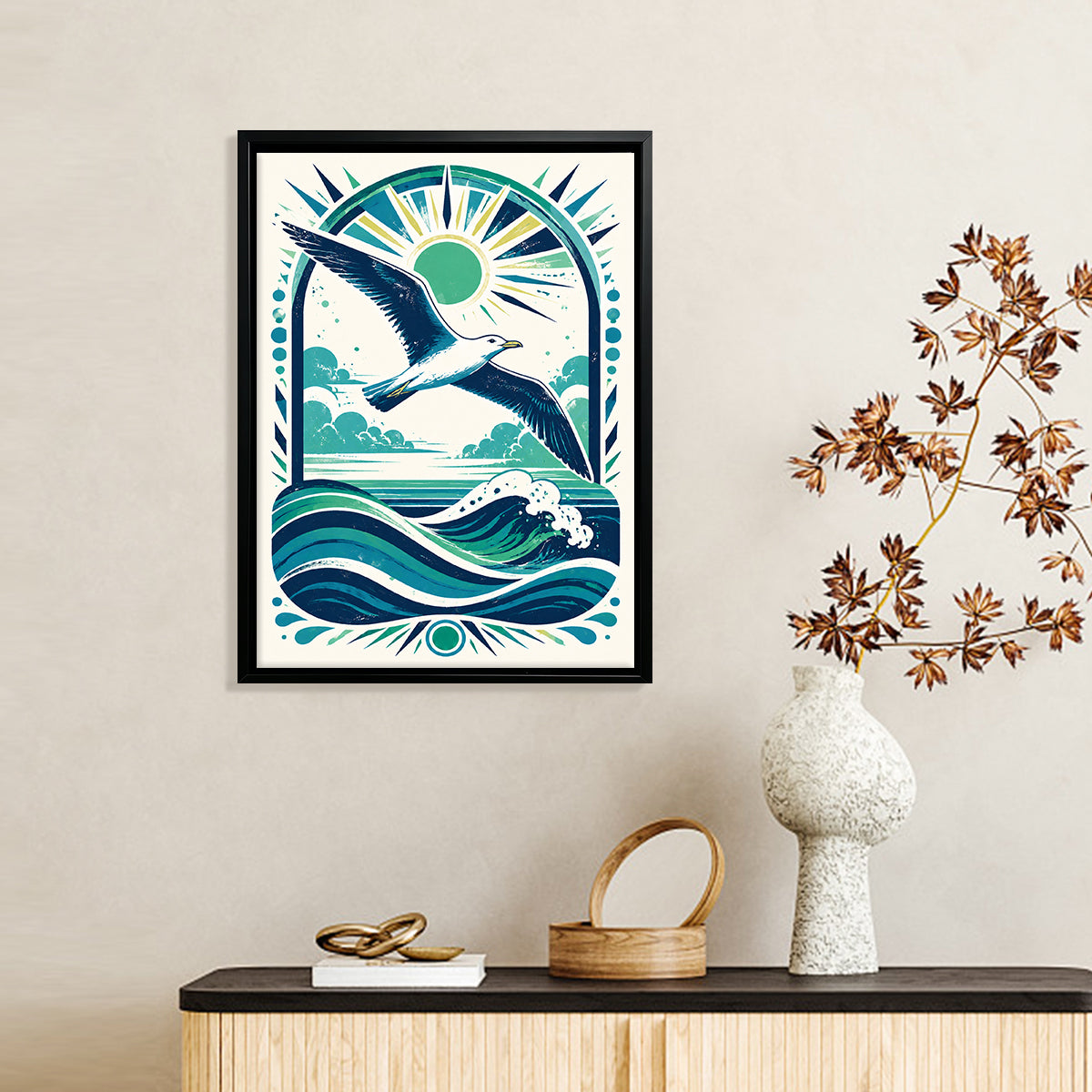 Framed Seagull Ocean Waves Art Print, Vintage Style, High-Quality Giclee, Perfect for Home Decor in California