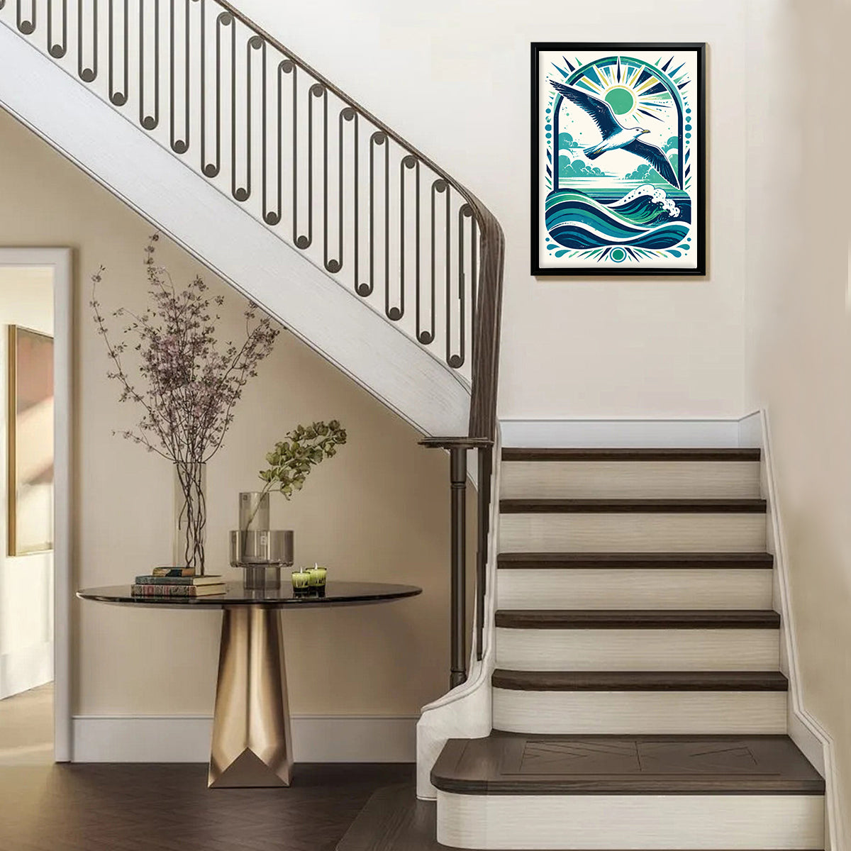 Framed Seagull Ocean Waves Art Print, Vintage Style, High-Quality Giclee, Perfect for Home Decor in California