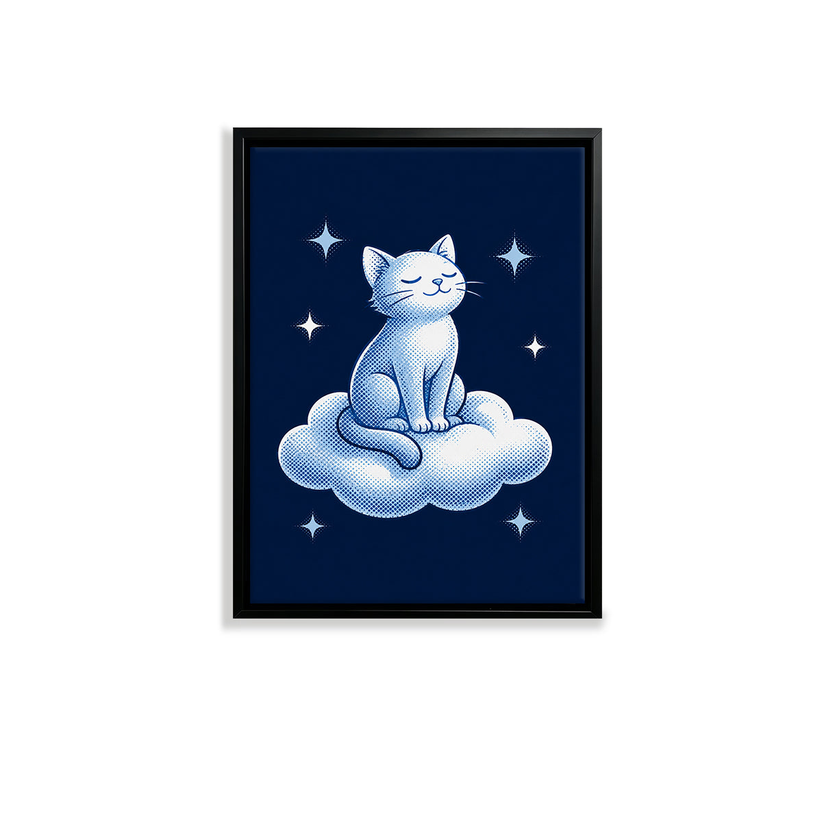 Framed Art Print of a Serene Cat Sitting on a Cloud, Blue and White Illustration, Perfect for Home Decor in Any Room